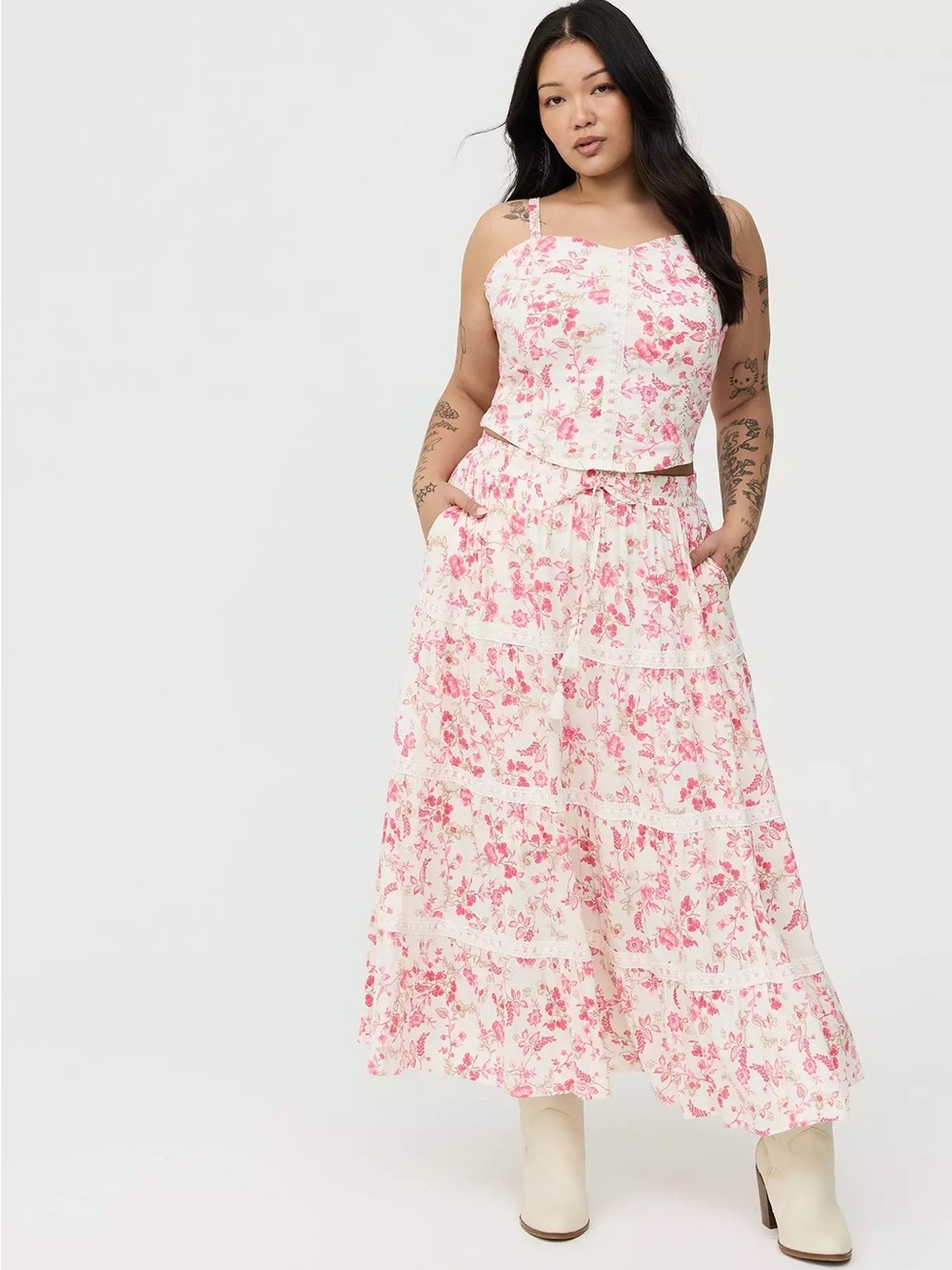 Torrid 2 Piece Floral Corset Top and Tiered Maxi Skirt - Pink Floral - Torrid 00